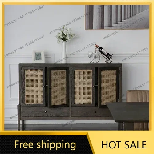 YJ Quiet Style Oak Meal Side Cabinet Double Open Locker B & B Complete Living Room Vintage Rattan Storage Side Cabinet