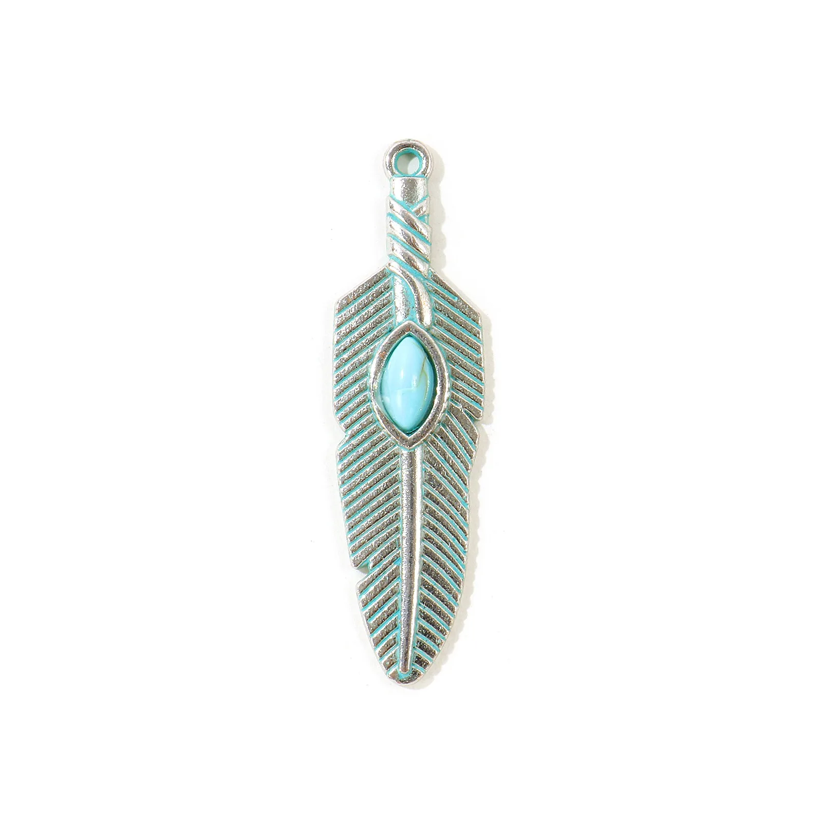 5 Stück Bohemian-Stil Anhänger Geometrisch Antiksilberfarben Grün Blau Patina Imitation Türkis Anhänger DIY Halskette Schmuck – Detail 5