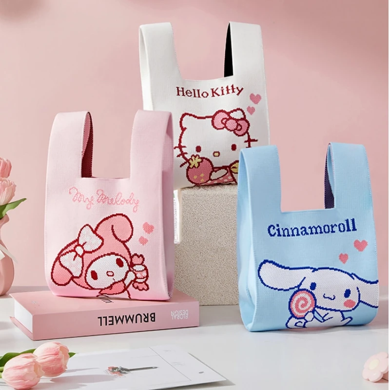 

Hello Kitty Sanrio Girl, большая вместительная вязаная сумка-бенто, милая мультяшная ручная тканая сумка для обеда для офисных работников, стиль Y2k
