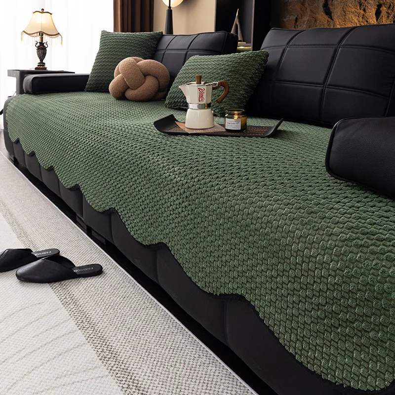 Corduroy Solid Sofa Cover with Wavy Edges Plush Soft Anti-Cat Scratching Couch Cushion Easy-Care Furniture Protector for Home