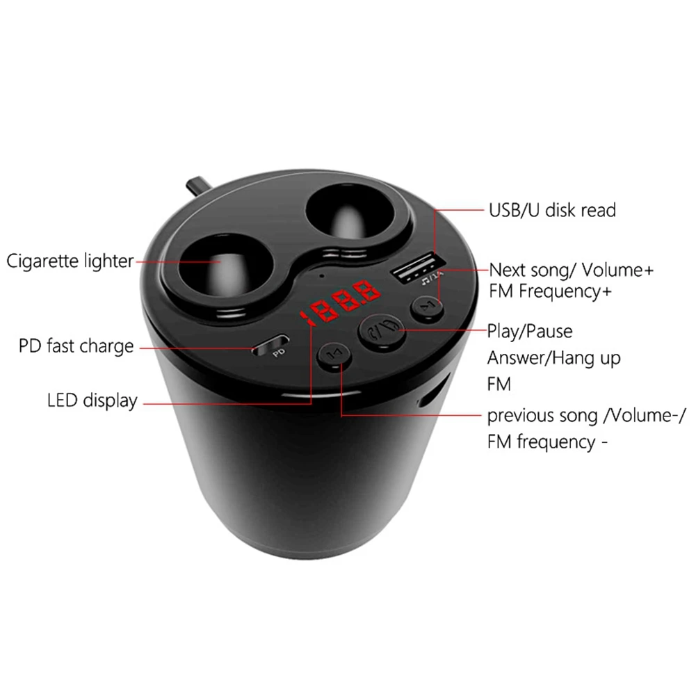 G63 Car Bluetooth 5.0 FM Transmitter -Cigarette Lighter Socket PD Type C USB Charger Music MP3 Player TF Card Handsfree