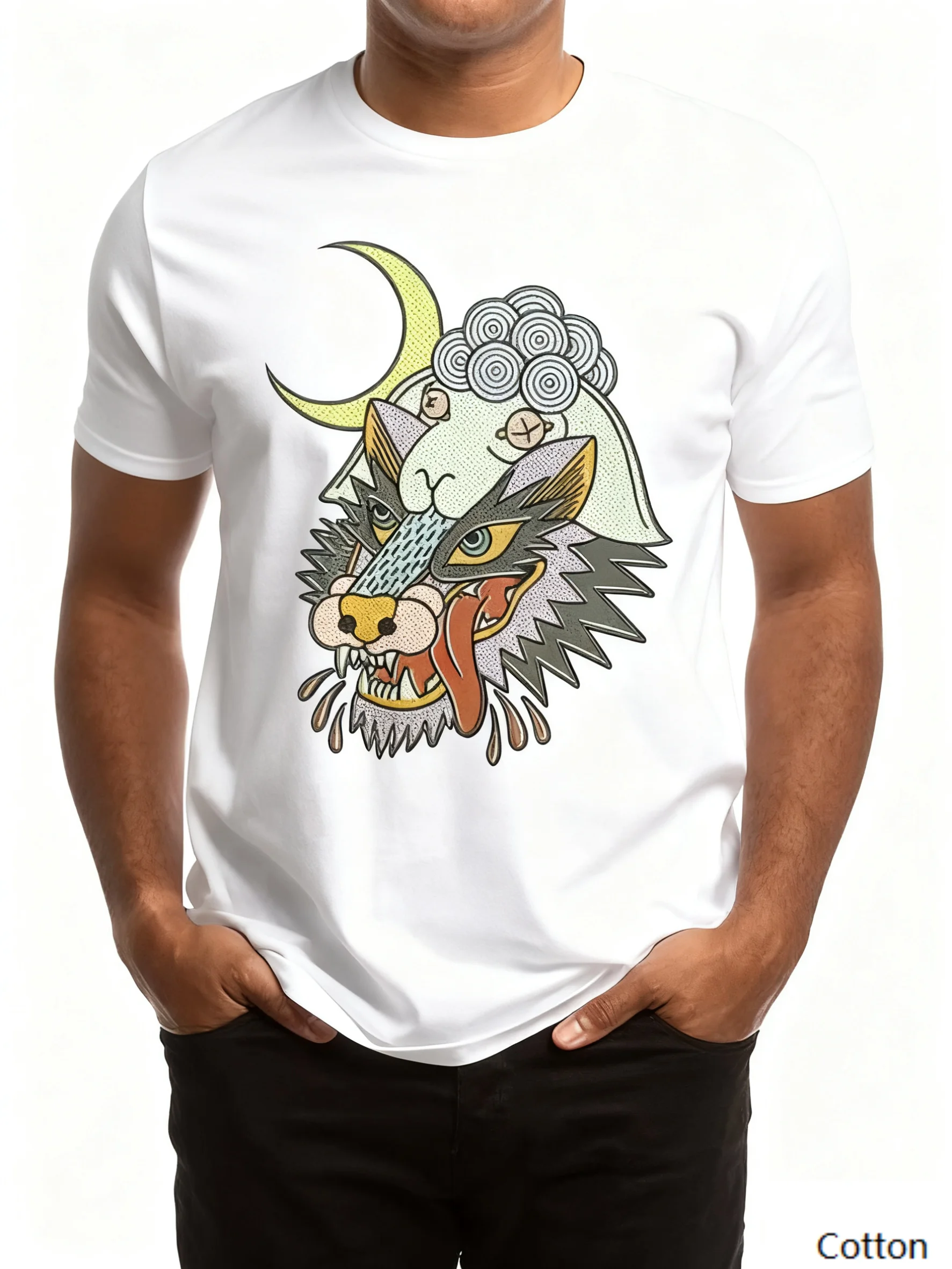 Хлопковая футболка с круглым вырезом Nostalgic Fantasy «Vintage Moon Wolf Feel» с креативным принтом волка, полумесяца