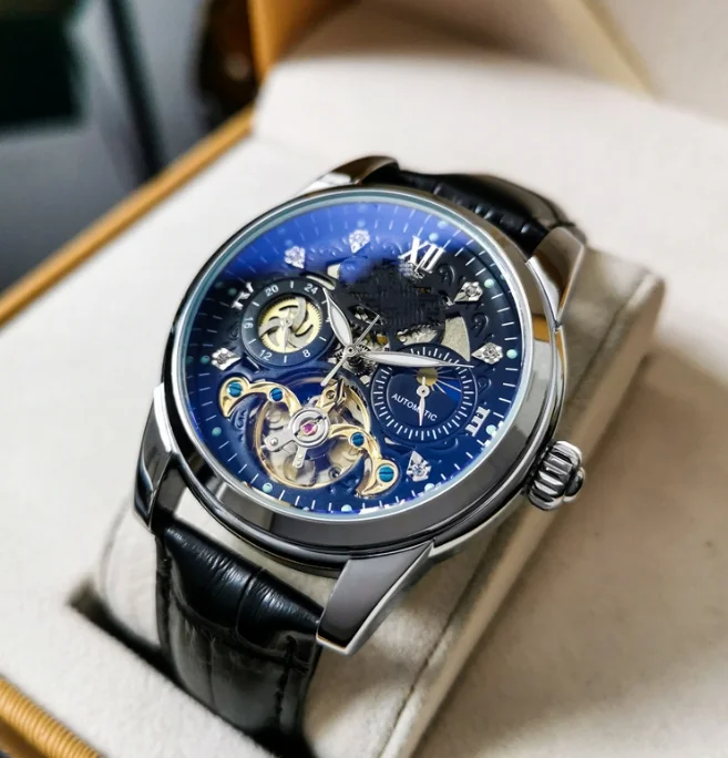 2024 nieuw volautomatisch mechanisch herenhorloge, waterdichte tourbillon, uitgehold modieus herenhorloge