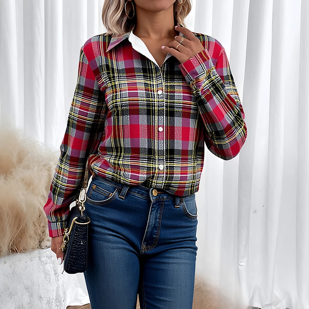 

Mia Muse Select Autumn Shirts 2025 Women's Chic Elegant Plaid Long Sleeve Shirt Collar Fitting Slim Vacation Shirts