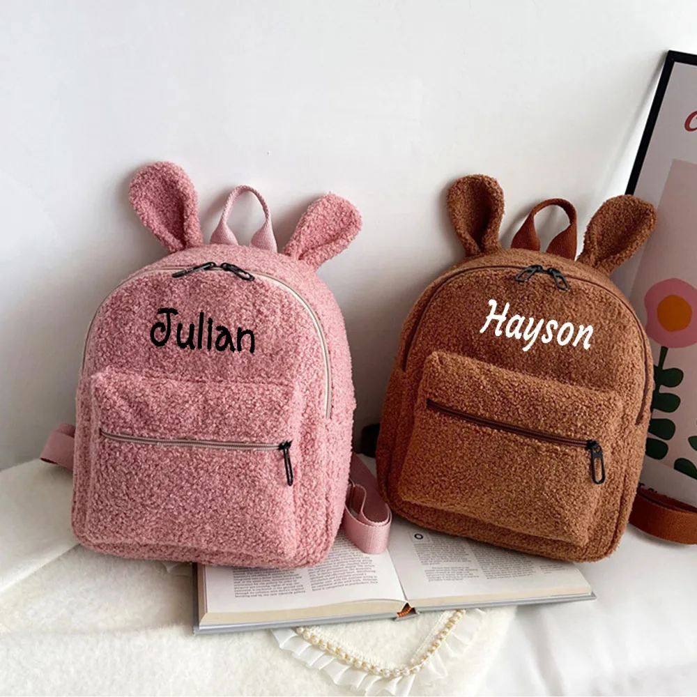 

New Embroidered Name Cute Rabbit Ears Plush Backpack Custom Personalized Girl's Portable Outdoor Backpack Student Schoolbags