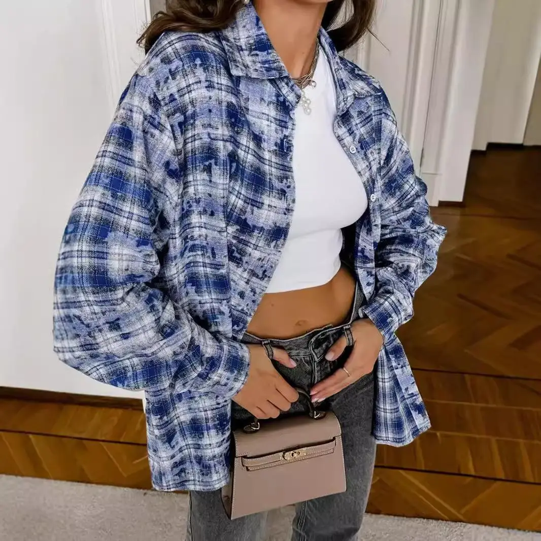 

Plaid Long Swedi irt Jaet Women's Loose Fit Cotton Workwear Sle Spring 2024 Faion Trend Resistant to Deformation