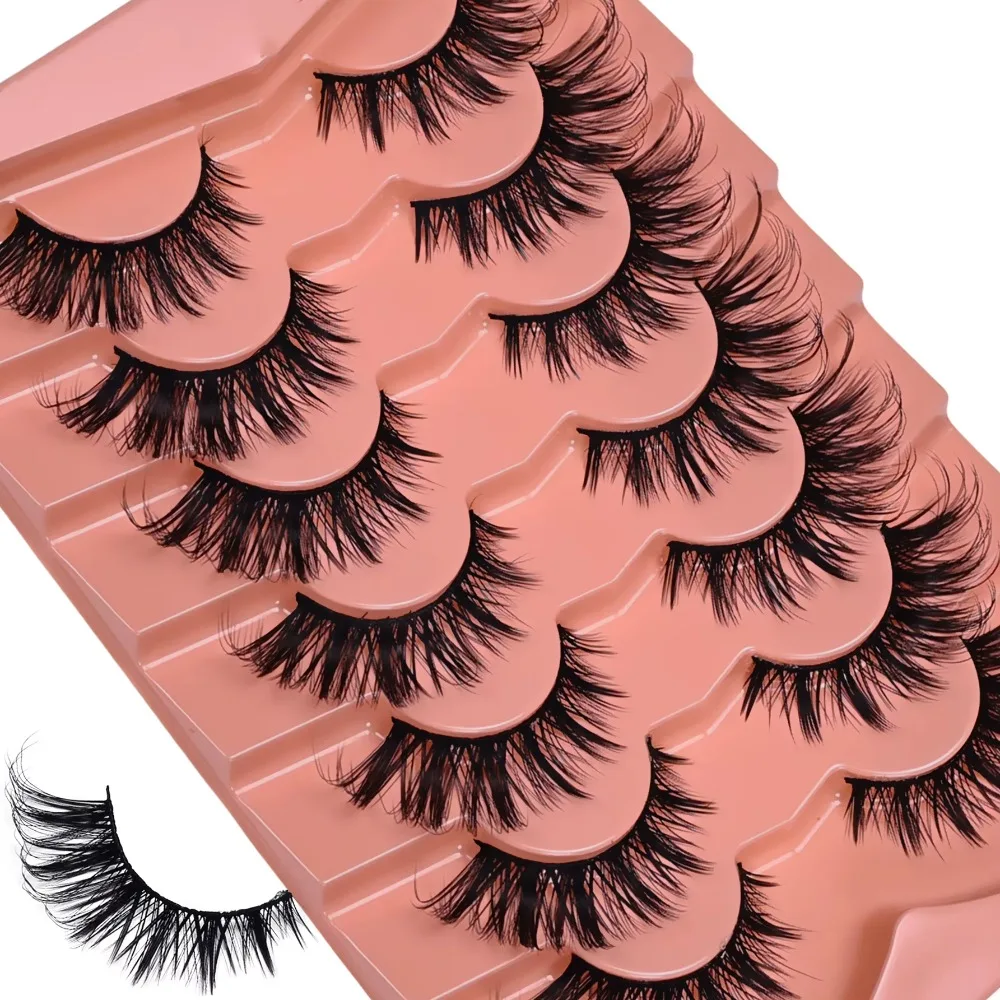 Easy Application Wispy Cross Cat Eye Strip Lashes 7 Pairs Thick Faux Mink Fake Eyelashes For Makeup Newbies