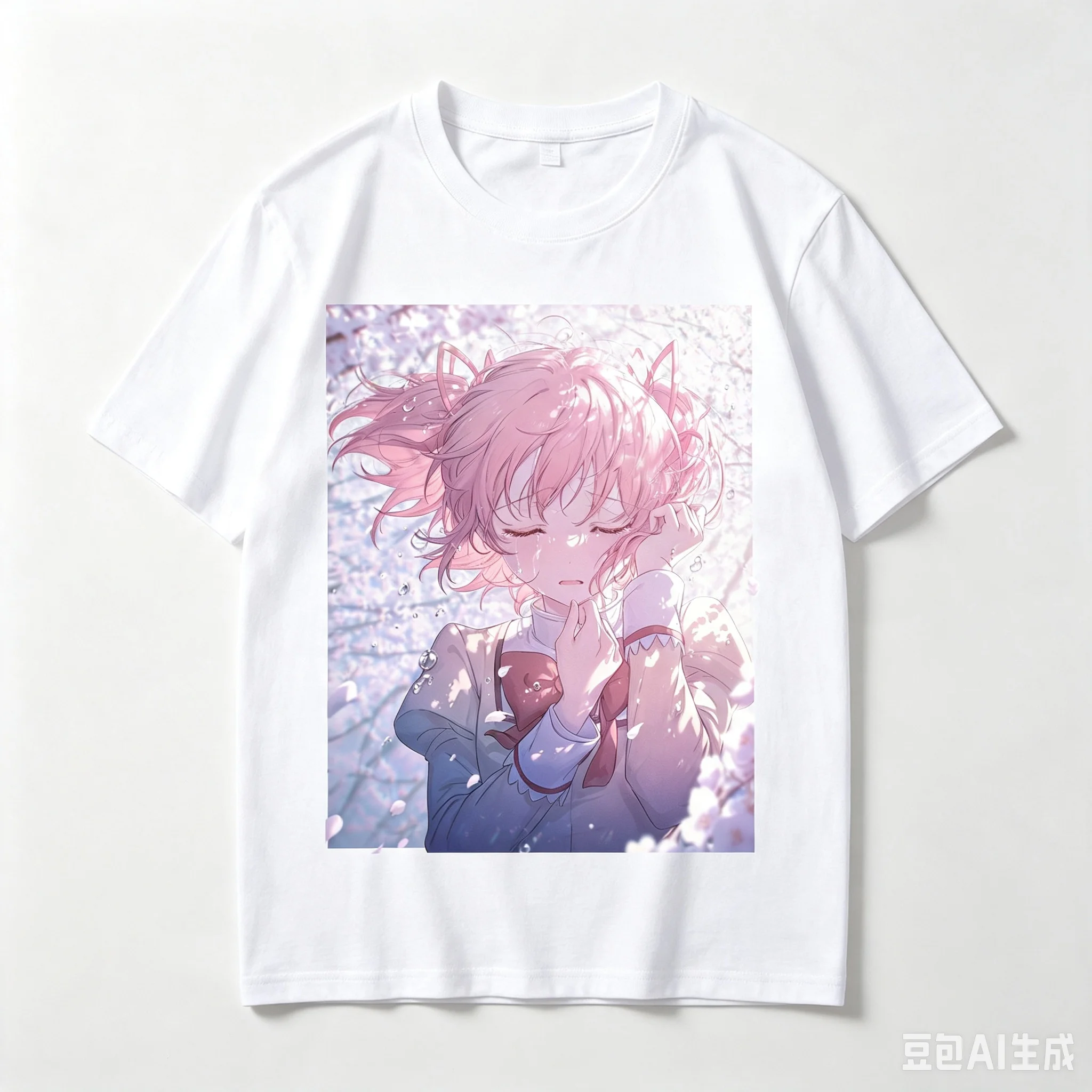 Madoka Kaname Cherry Blossom Crying Bust Anime Frame Graphic Crew Neck Short Sleeve Comfortable Women And Men T-Shirt