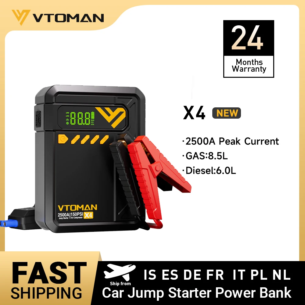 VTOMAN X4 Car Jump Starter 2500A Car Power Bank 4 In 1 with Portable Air Compressor Car Starter Booster for 8.5L Gas/6.0L Diesel