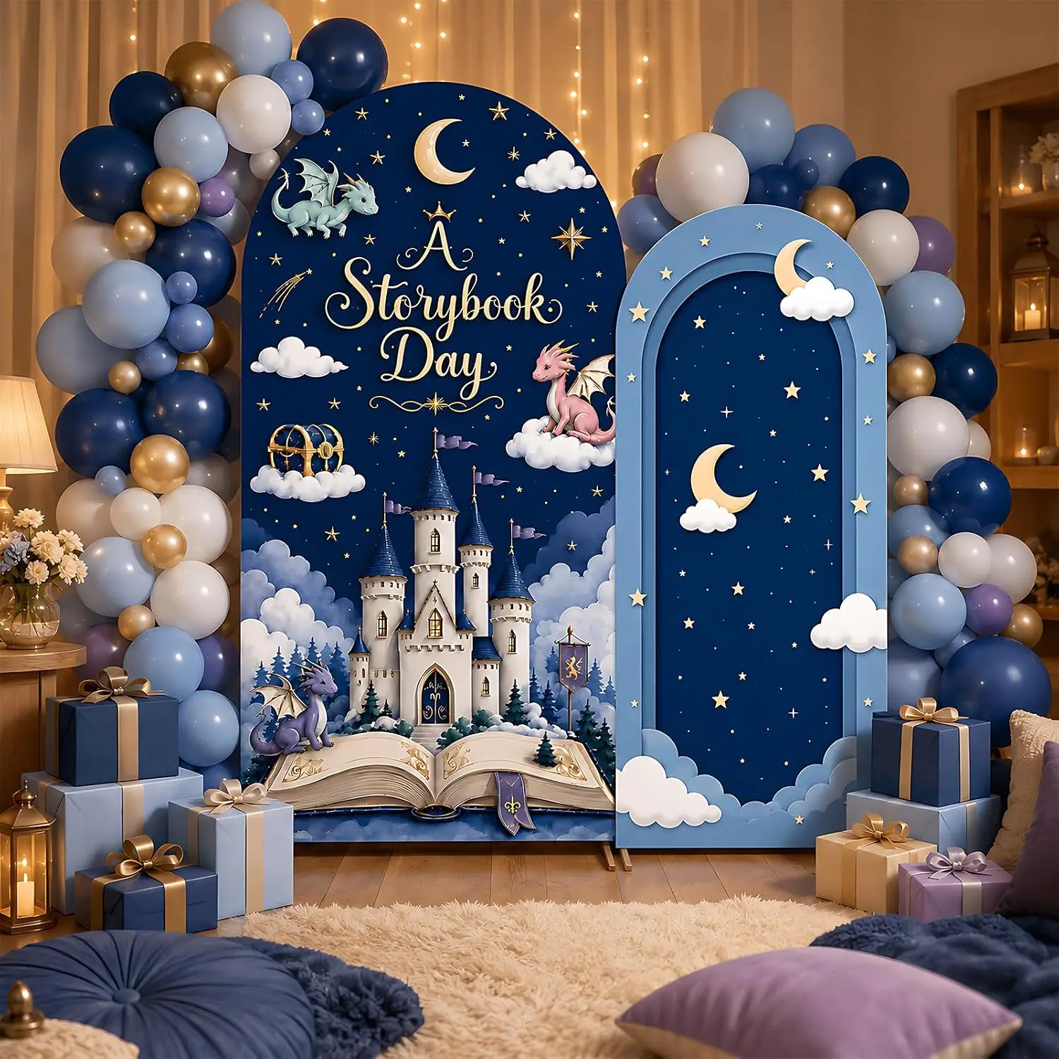 Dragon Baby Shower Arch Backdrop Cover Blue Castle Castle Fantasy Gender Reveal Newborn Party Background Decoration Supplies