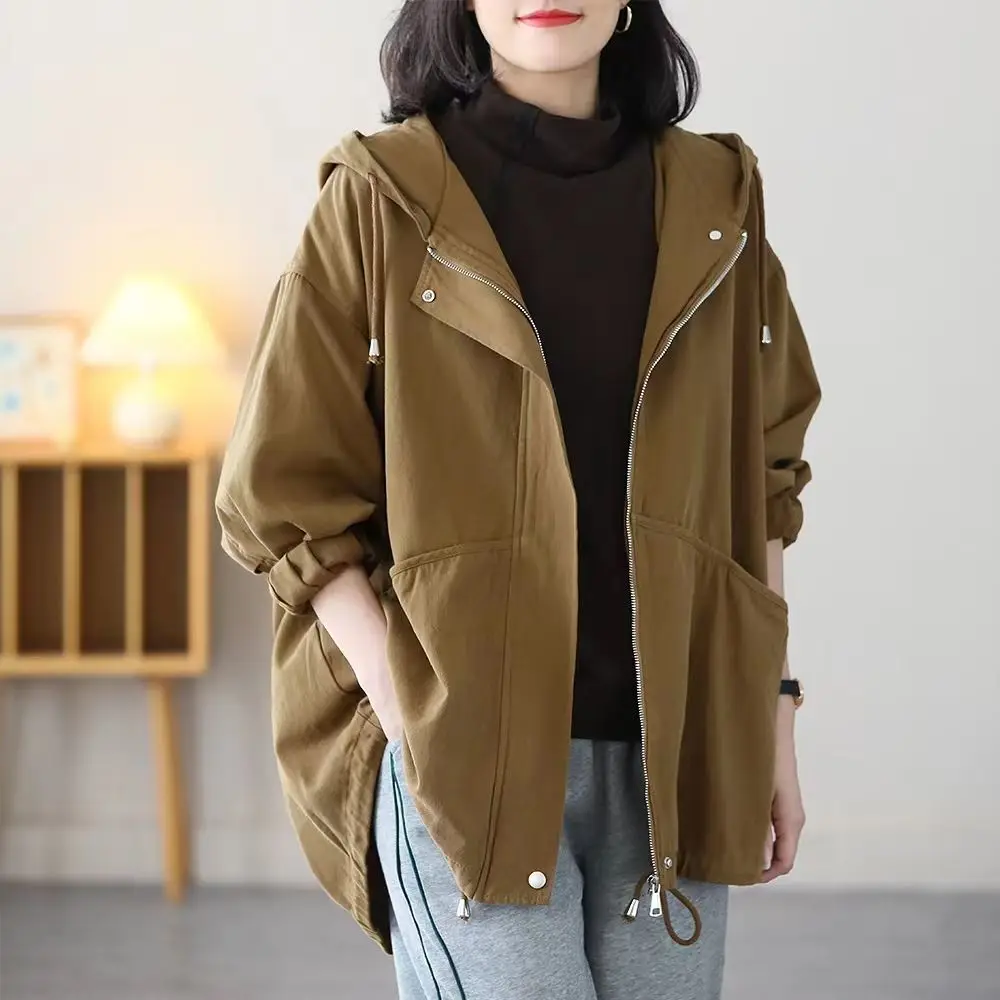 Large Size Women Hooded Trench Coat 2024 New Spring Autumn Women\'s Casual Windbreaker Korean Loose Female Lined Outerwear 4XL