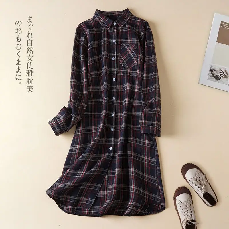 Export Italian brand autumn new style checkered shirt women\'s medium long long long sleeved brushed top loose casual shirt