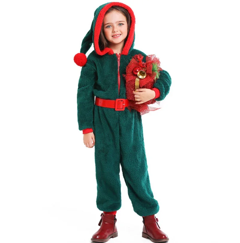 Christmas Elf Costume For Adult Child Cosplay Green Christmas Tree Dress Up Casual Home Daily Parent-Child  Hooded Jumpsuit