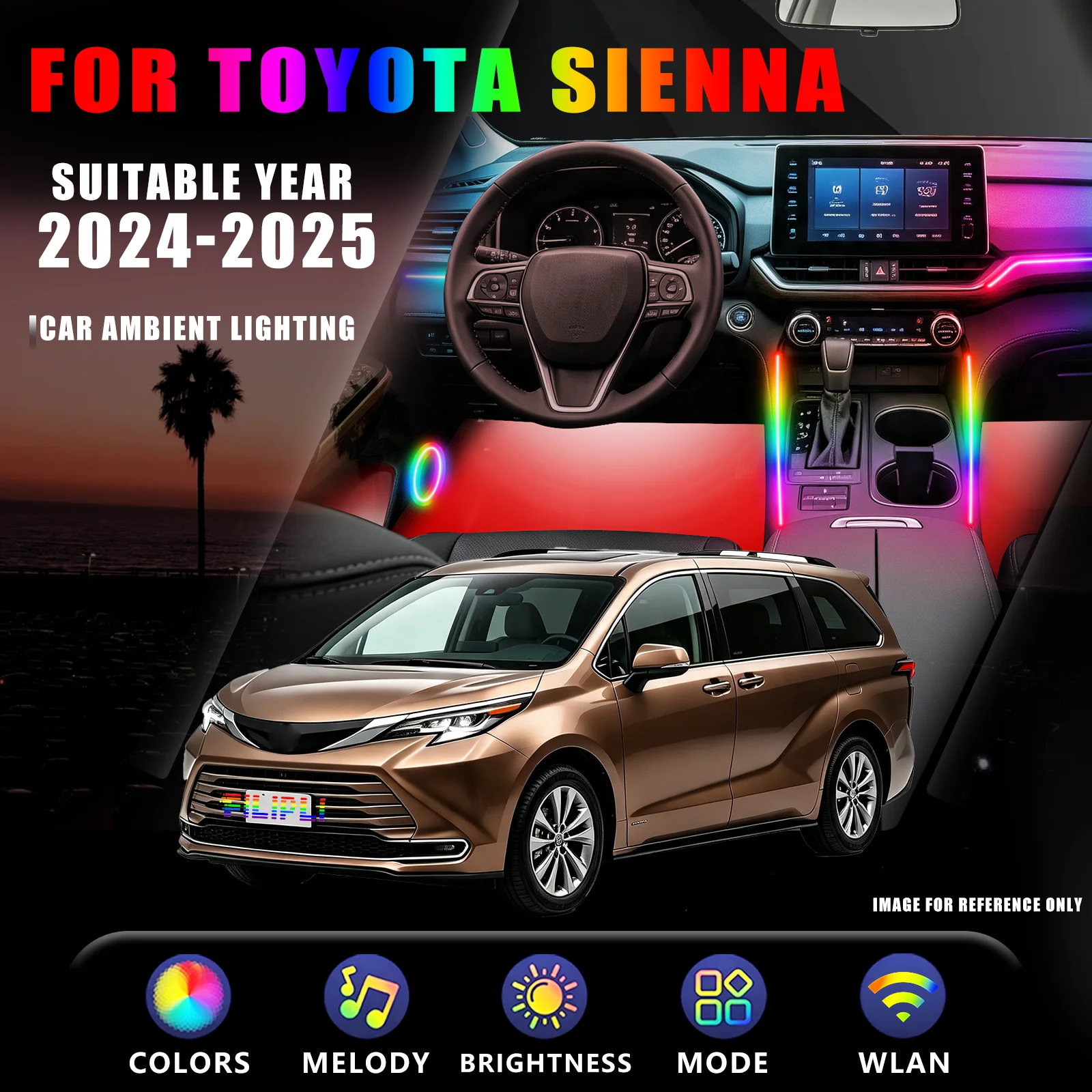 FOR TOYOTA Sienna 2024-2025 YEAR RGB/DREAM COLOR 6 Lights Car Ambient Light Kit Music Sync APP Control Glow S