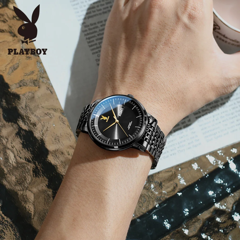 PLAYBOY Top Brand Luxury Mechanical Watch for Men Fashion Grey Dial Stainless Steel Waterproof Date Week Automatic Male Watches