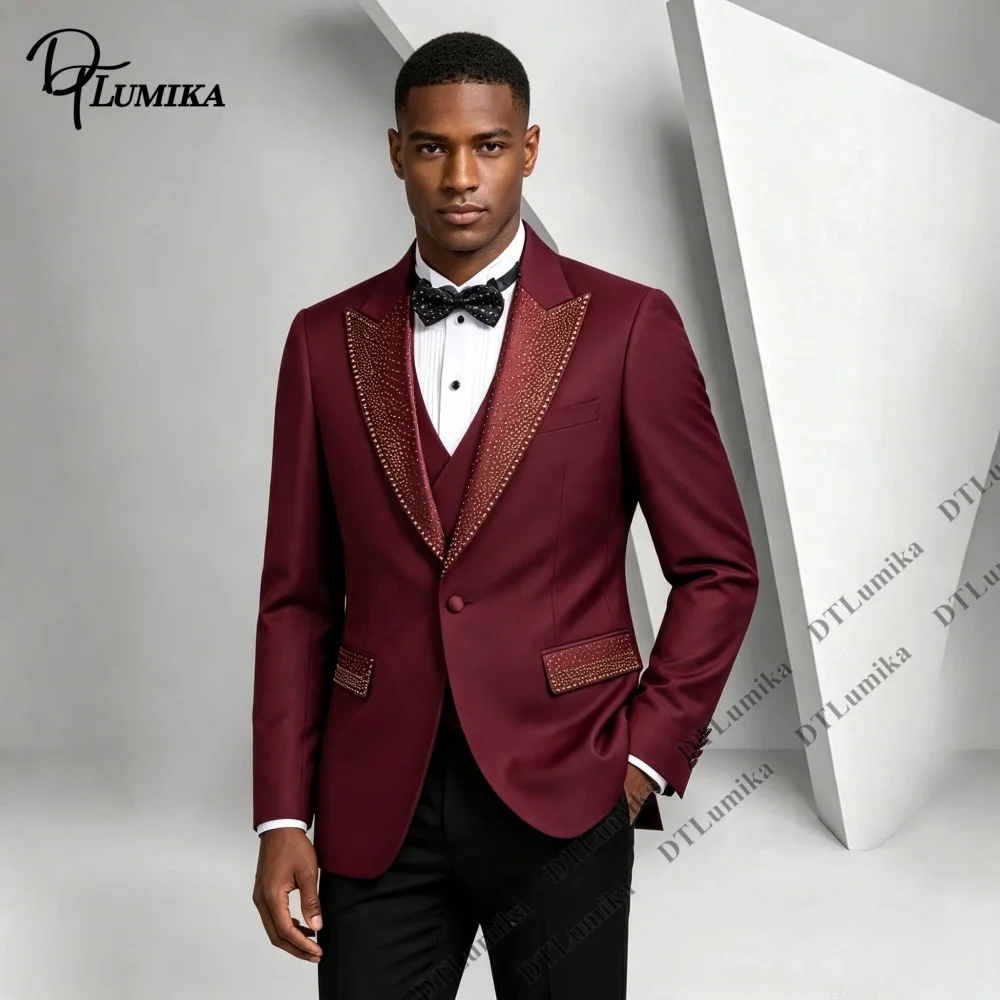 Spotlight Two Piece Formal Suit for Men, Wedding Groom Bestman Tuxedo Jacket Pants Double Breasted Rhinestones Suits Set Highend