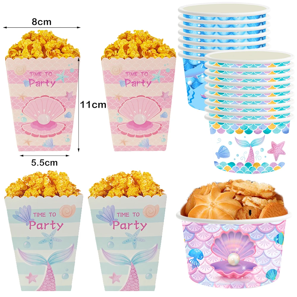 10/20/50 Stück Meerjungfrauen-Muster Papier-Popcornbox Snackschale für Mädchen Meerjungfrauen-Geburtstagsparty Babyparty-Dekorationszubehör – Detail 1