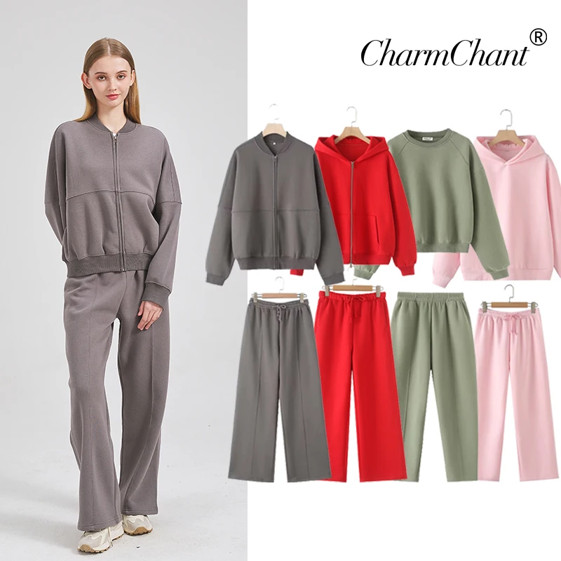 

Woman Sweatshirts Tracksuits Set Woman 2025 Winter Cotton Solid Suits Wide Baggy Pants Sportswear 2 Piece Set Women Outfits