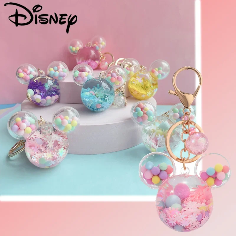 Disney-llavero de Mickey para mujer, colgante de mochila, arena movediza, bola de cristal de Minnie transparente, llavero de coche de moda, accesorios para bolso