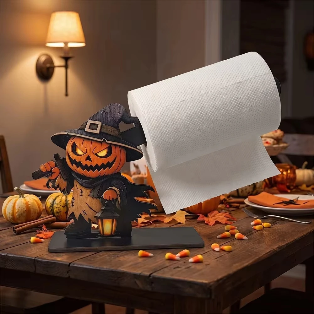 Halloween Wooden Paper Towel Holder Ghost Pumpkin Skeleton Countertop Tissue Roll Rack Halloween Tabletop Kitchen Bathroom Decor