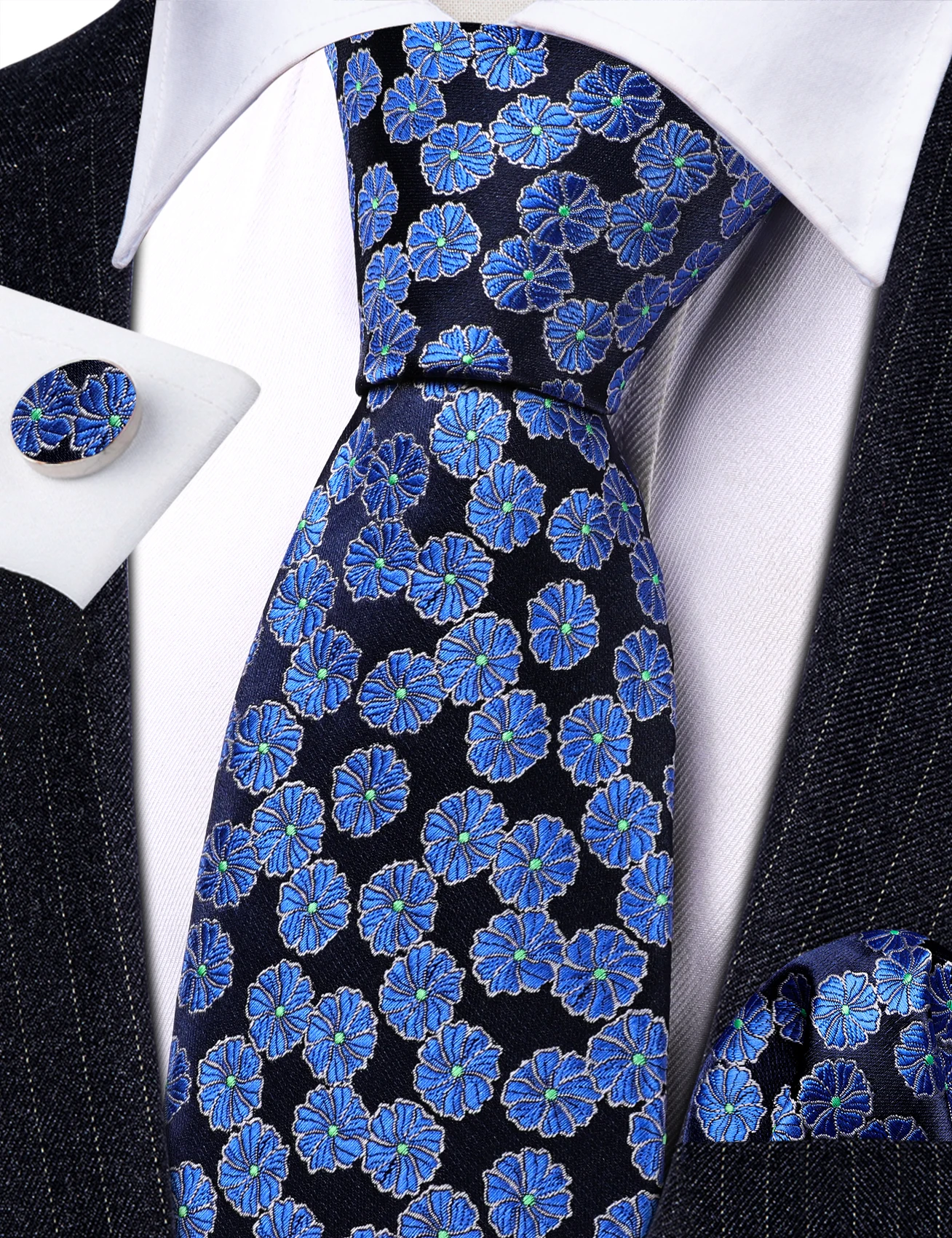 Barry.Wang-Corbata Floral de seda para hombre, y pañuelo conjunto de gemelos, color azul real, diseño de moda para fiesta de cumpleaños y boda, 6501