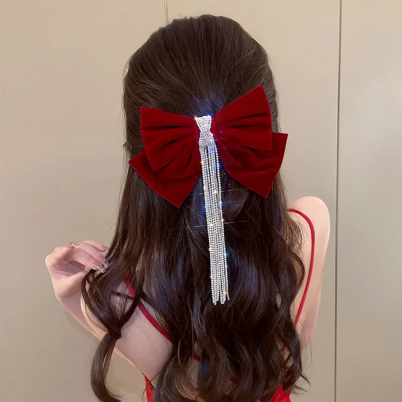 Elegant Red Bow Hairpin Crystal Fringe Tassel Hair Clip for Women Girl Ponytail Rhinestone Beading Fashion Hair Accessories Gift