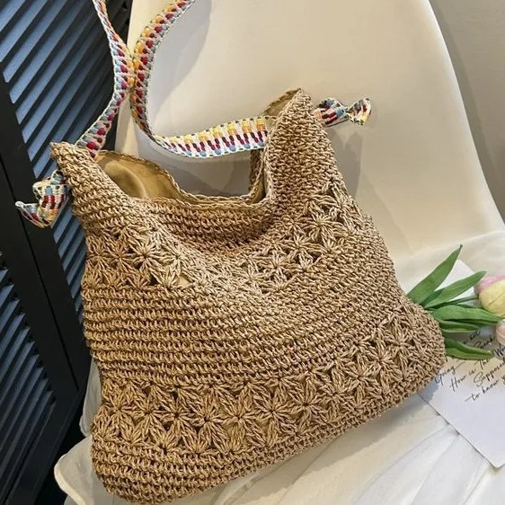 

24 years old new large-capacity paper woven bag retro ethnic style versatile casual color shoulder strap vacation travel bag