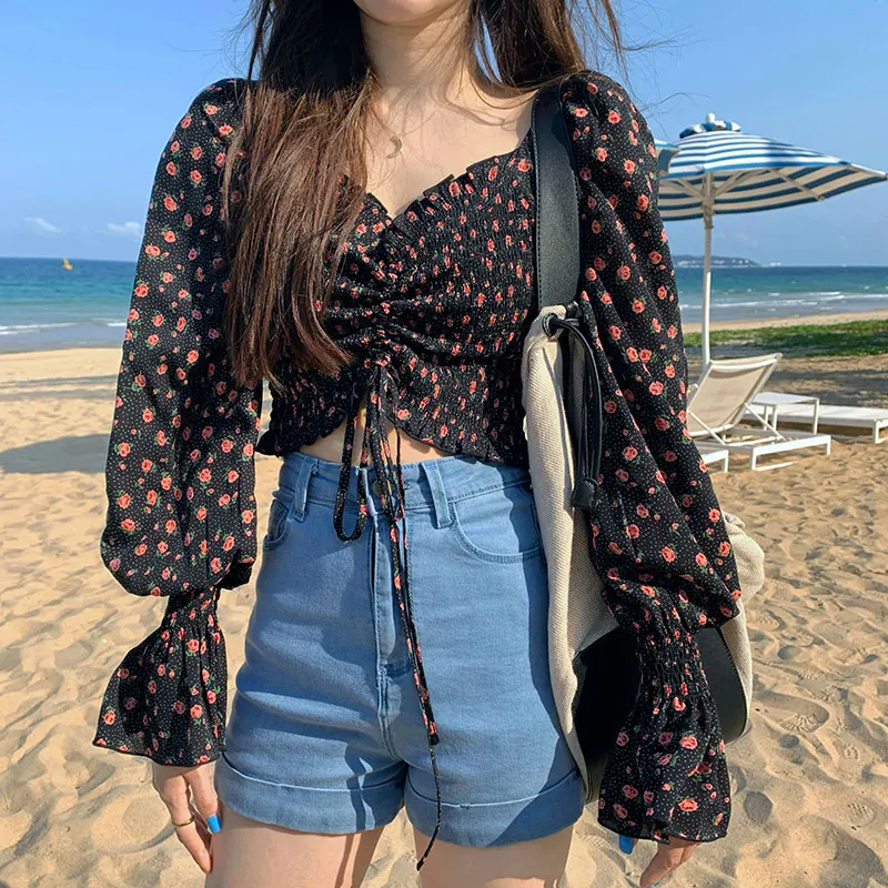 French Style Floral Chiffon Shirts Spring Summer Long Sleeve Drawstring Crop Tops Women Elastic Slim Short Blouses