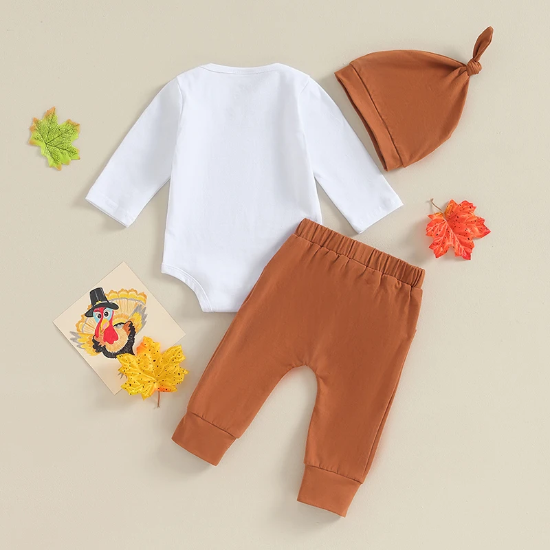 Infant Boys 3-Piece Outfit with Long Sleeve Romper Letter Print Pants and Matching Hat Set for a Stylish Look