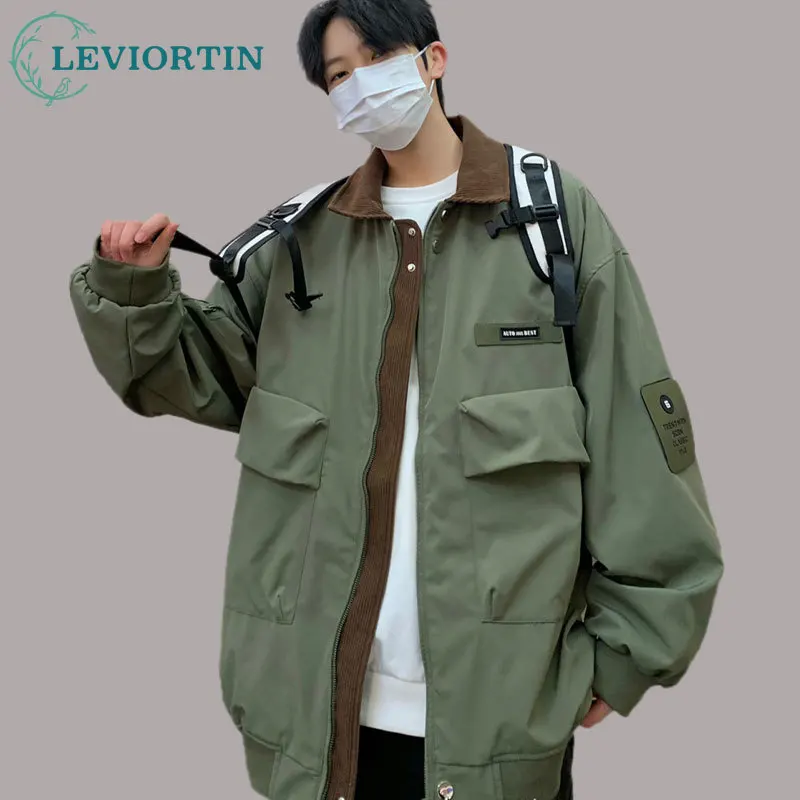 

Korea Style Men Pilot Jacket Multi-Pocket Streetwear Autumn Loose Corduroy Patchwork Lapel Jacket Male Outerwear Clothing