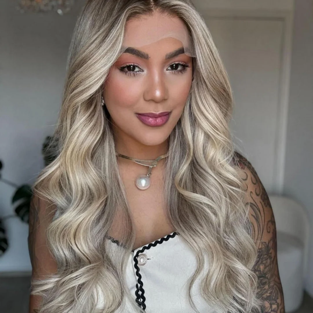 Ombre Platinum Blonde Wig With Dark Roots High Quality Long Loose Wave Synthetic Lace Frontal Wig for Women Cosplay Daily Wear