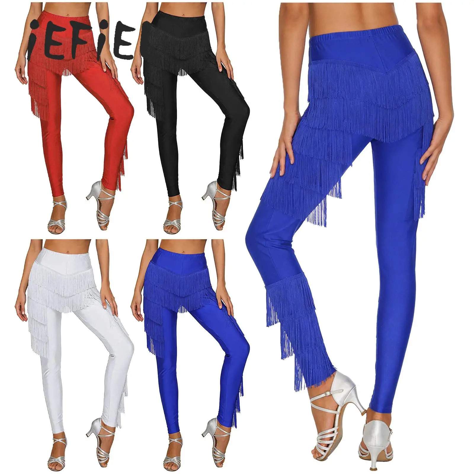 

womens latin Dance Pants Fringed Long Pants Leggings Tiered Tassel Trousers for 70s Disco Tango Cha-Cha Performance Costume