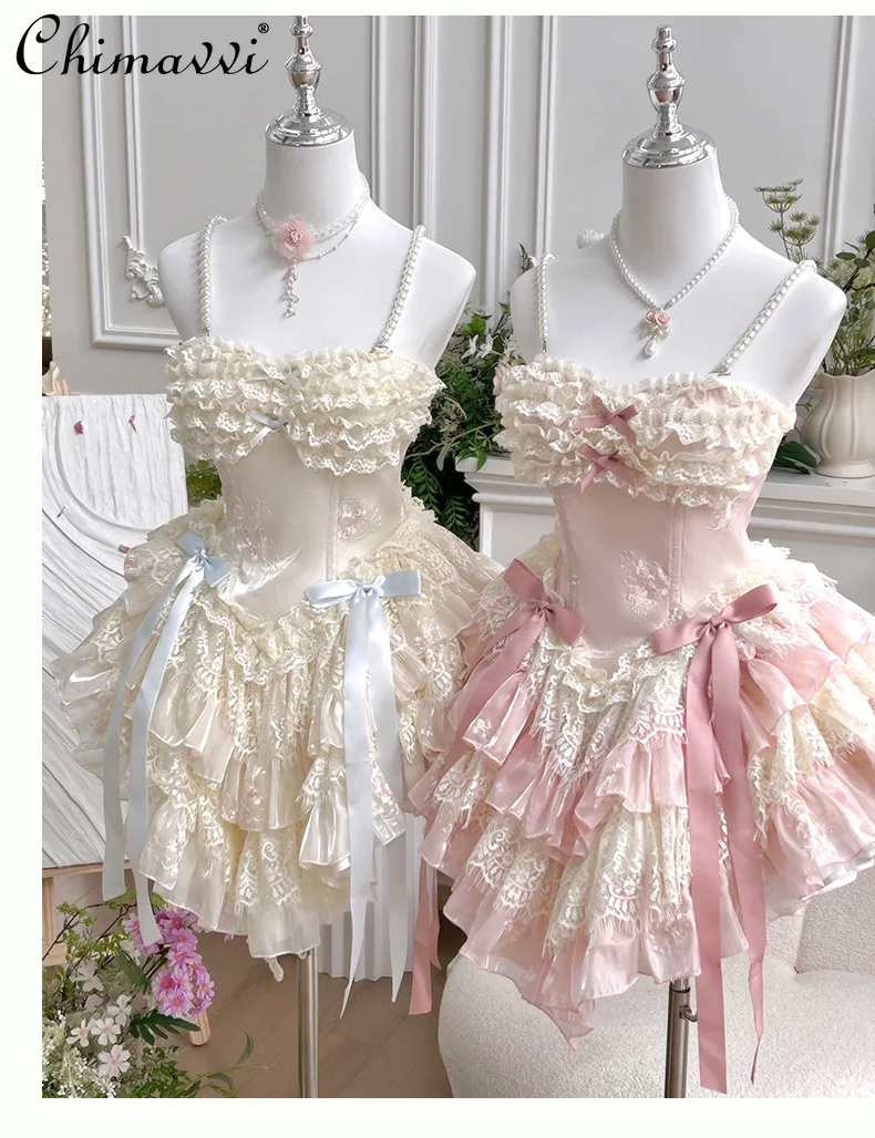 

Summer Lace Romantic Atmosphere Slimming Dress Sweet Girl's Fairy Pink Apricot Ruffled Tube Top Mini Princess Dresses for Party