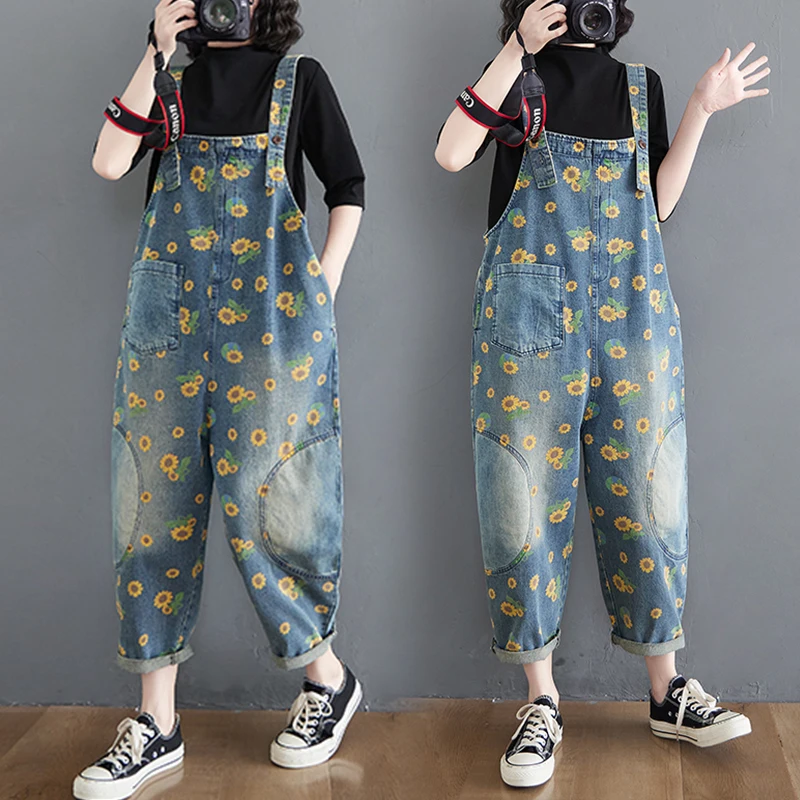 

Джинсы из выстиранного денима с принтованными карманами, повседневные, женские, больших размеров, брюки-харлан для полных бедер, с эффектом омоложения, на бретелях