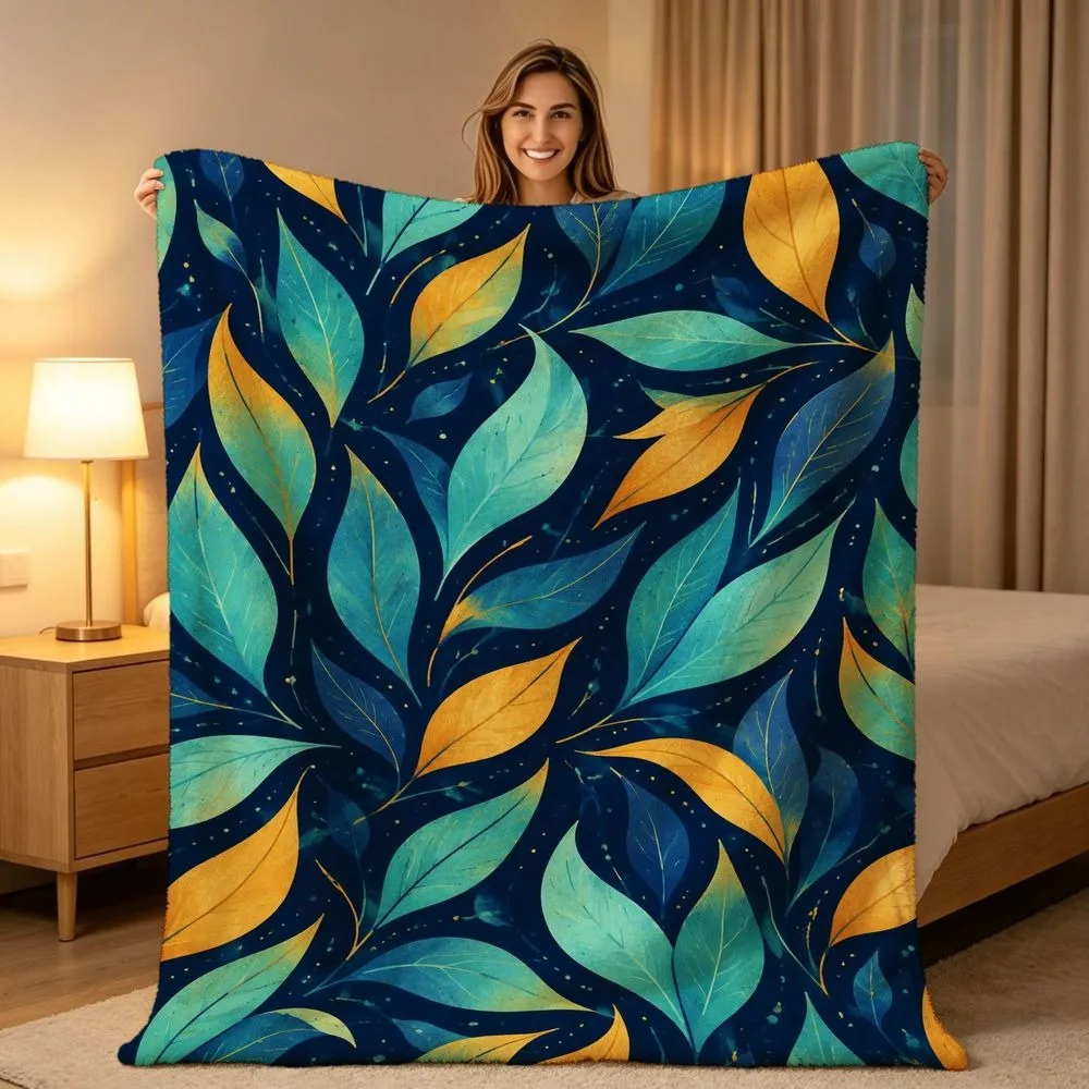 Gradient Foliage Throw Blanket, Elegant Teal Gold Leaf Blue Base Art Print, Soft Warm All Season Blanket for Sofa Couch Bedroom