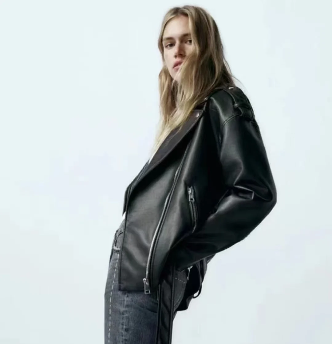 레트로 루즈핏 가죽 재킷 여성 캐주얼 슬레 지퍼 클로저 롱 코트 가을 신상품 PU 소재