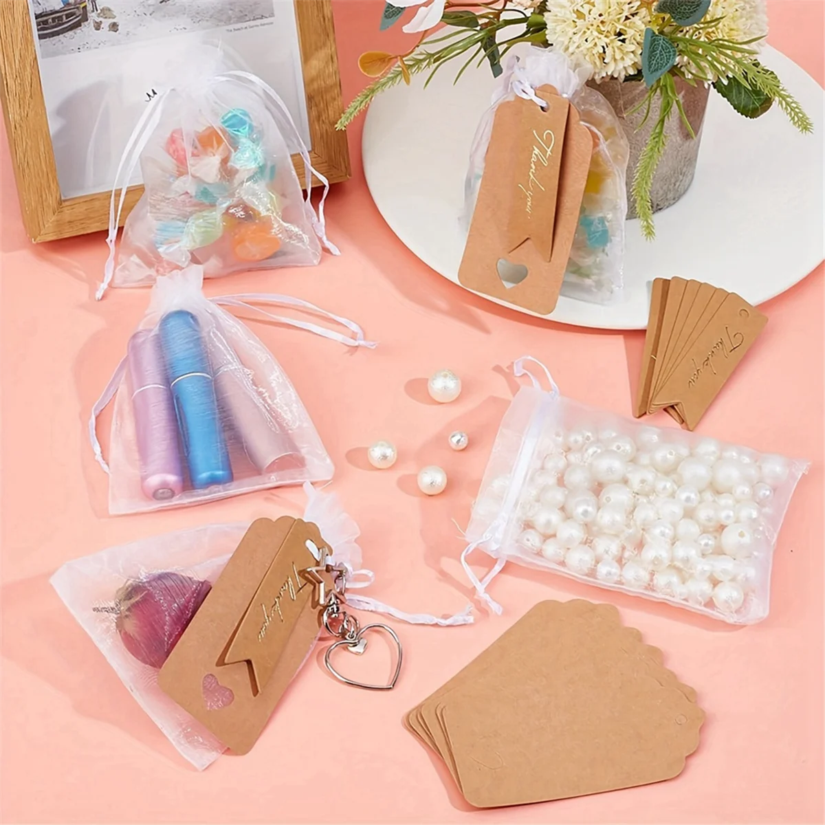 ABJZ Aksesori Gantungan Kunci Indah dengan Label Terima Kasih Tas Transparan Pembuatan Perhiasan DIY Cocok untuk Pernikahan