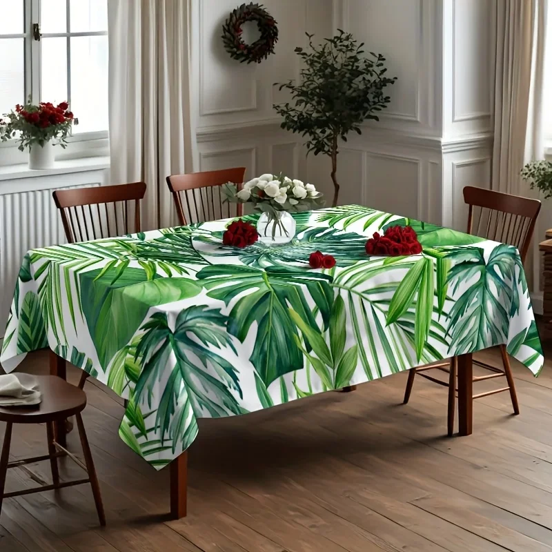 2D Printed 59X59in/150X150cm Tropical Leaf Print Rectangular Tablecloth - Vibrant Green Palm & Monstera Design, Durable Polyester Fabric, Perfect for Indoor/Outdoor Dining, Kitchen, Parties, Weddings, And Picnics, Outdoor Dining Accessory | Vibrant