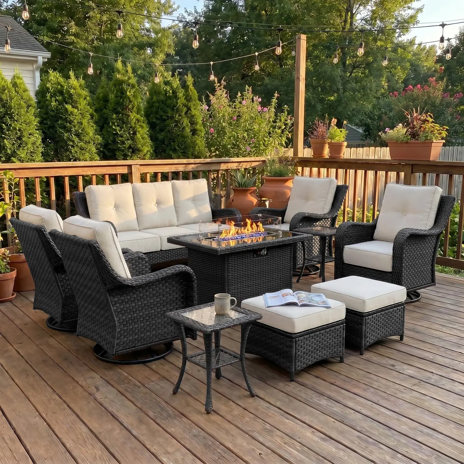 10 Piece Wicker Outdoor Furniture Set with 6-inch Comfy Cushions