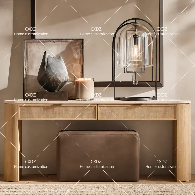 Customizable Solid Wood Entryway Table with Travertine Top Rattan Decorative Shelf for Living Room Entrance Console