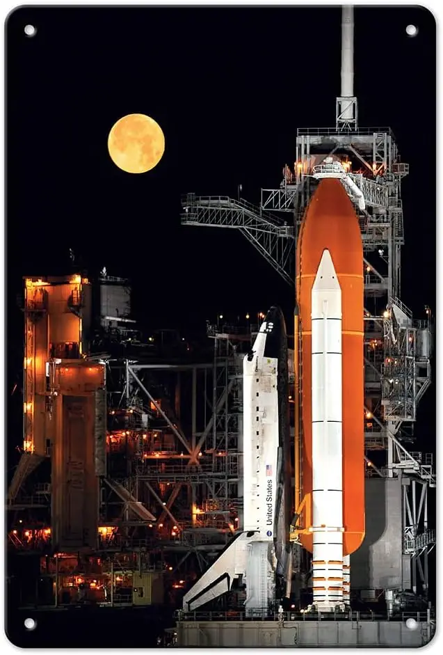 1p,Pacifica Island Art US Discover Space Shuttle Prelaunch with Full Moon March 11, 2009 - Color Photo - ch Vintage Metal Tin Si