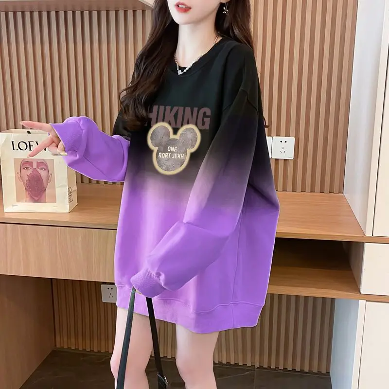 Korean Women\'s 2024 Spring and Autumn New Splicing O-Neck Print Fashion Minimalist Casual Gradient Loose Long Sleeved Hoodies