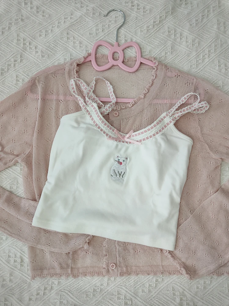 Cute 2 Piece Tops Women Cardigans and Crop Tops for Sweet Girls Cute Heart Shaped Tops Cat Cropped Kawaii Clothes