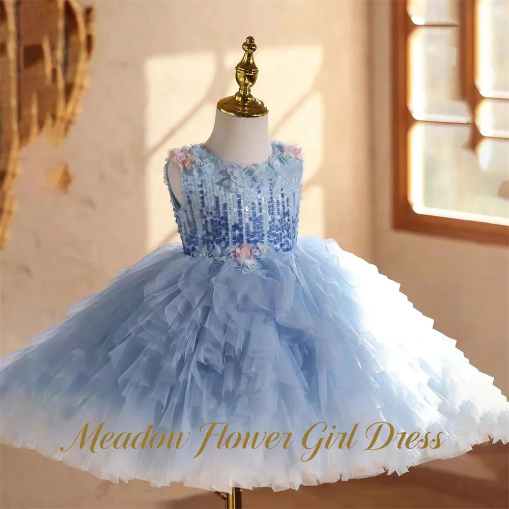Meadow Layered Blue First Communion Gown Sleeveless Round Neck Girls Princess Dress with 3D Floral Evening Party Dress for Girls