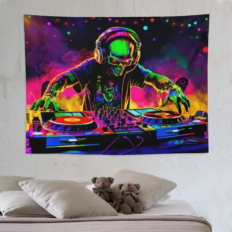 VIKAMA Skeleton DJ Discs Neon Spot Psychic Tapestry, Electronic Music Wall Art for Bedroom Living Room Party