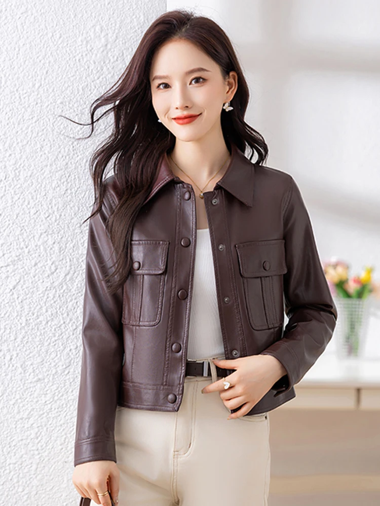 Faionable Motorcycle Sle ort Leather Jaet Women's Slim Fit eepskin Coat Real Leather New Arrival Autumn Winter