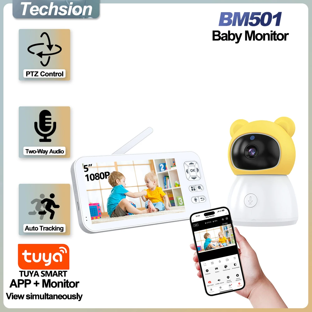 

TUYA, 5-дюймовая видеоняня с камерой, PTZ, Zoom, 3MP камера для детских телефонов, защита безопасности, камера наблюдения, датчик температуры