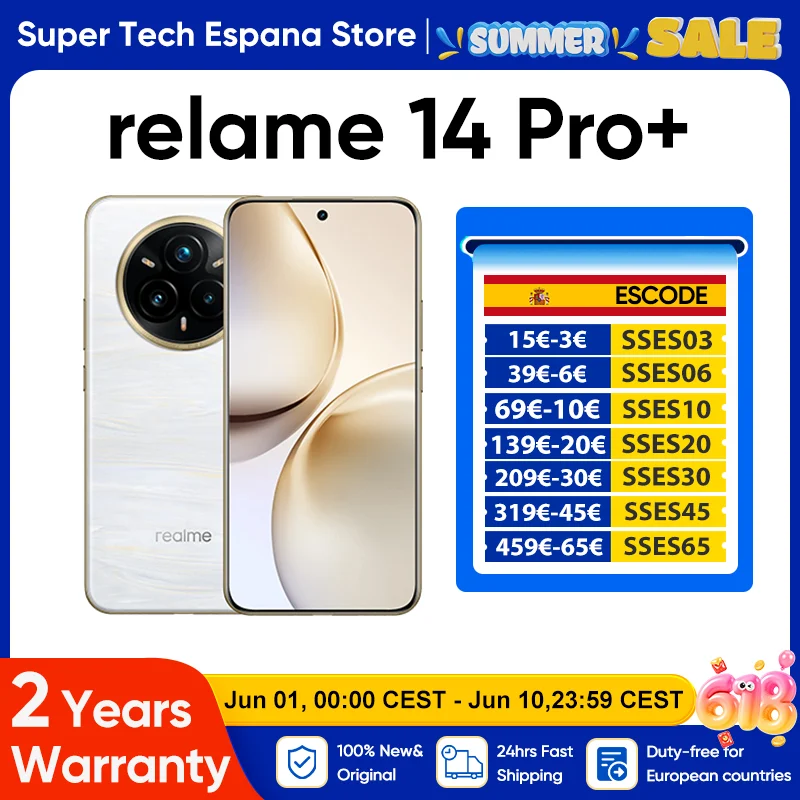 Realme 14 Pro+ 5G Teléfono Móvil Sony Imx896 Ois Cámara 3X Periscopio Snapdragon ® 7S Gen 3 Chipset 5260Mah 50Mp 120Hz 80W Carga — -30%, 119.57€ Coupon, from 279.01€ – 30% descuento – €279.01