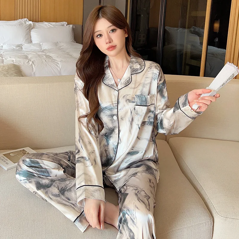 Women 2 Piece Pajamas Set Ink Floral Pijama Faux Silk Satin Pyjama Female Sleepwear Long Sleeve Lapel Shirt Pants Suits Homewear