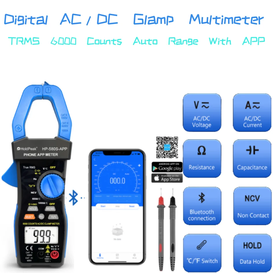 580S 6000 Counts TRMS Clamp Meter, Auto Range AC/DC Voltage Current Tester with Bluetooth APP for Field Service & Auto Diag